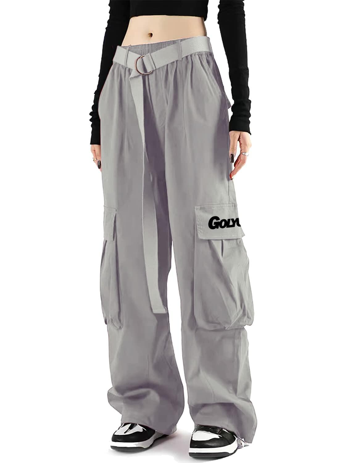 Pantalones cargo GOLYOY para mujer, color gris, cintura alta ajustable, estilo holgado y de pierna ancha, talla L