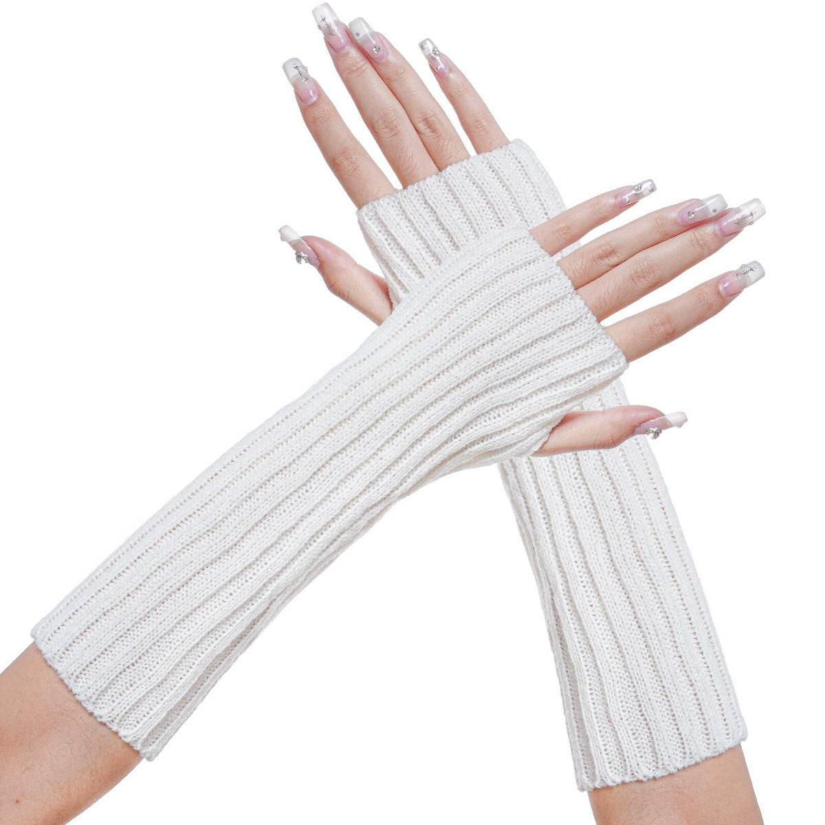 Calentadores de brazos y muñecas tejidos estilo Kawaii Hmxpls para mujer, color blanco