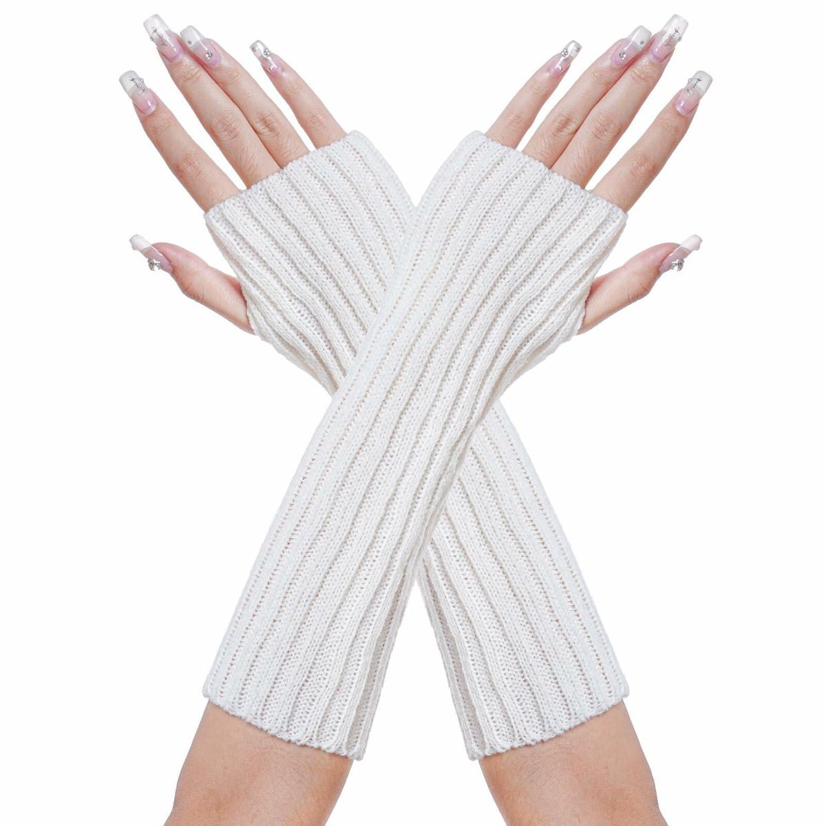 Calentadores de brazos y muñecas tejidos estilo Kawaii Hmxpls para mujer, color blanco