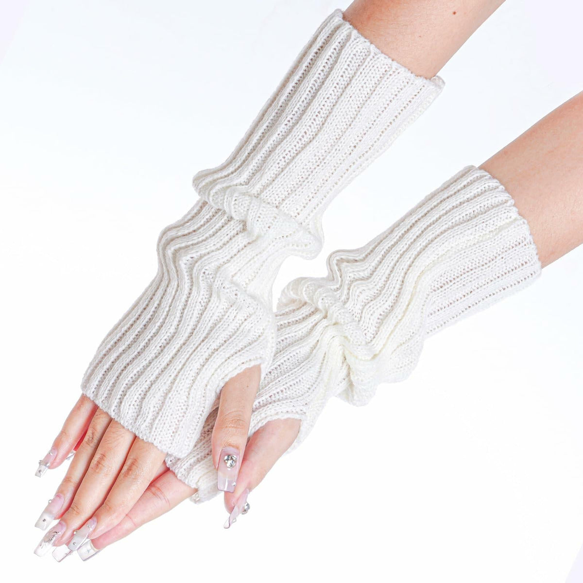 Calentadores de brazos y muñecas tejidos estilo Kawaii Hmxpls para mujer, color blanco