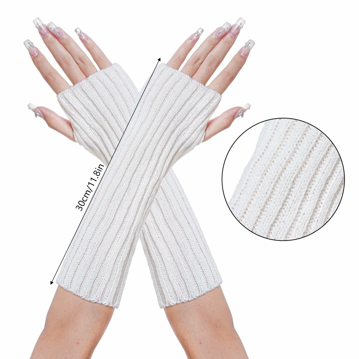 Calentadores de brazos y muñecas tejidos estilo Kawaii Hmxpls para mujer, color blanco