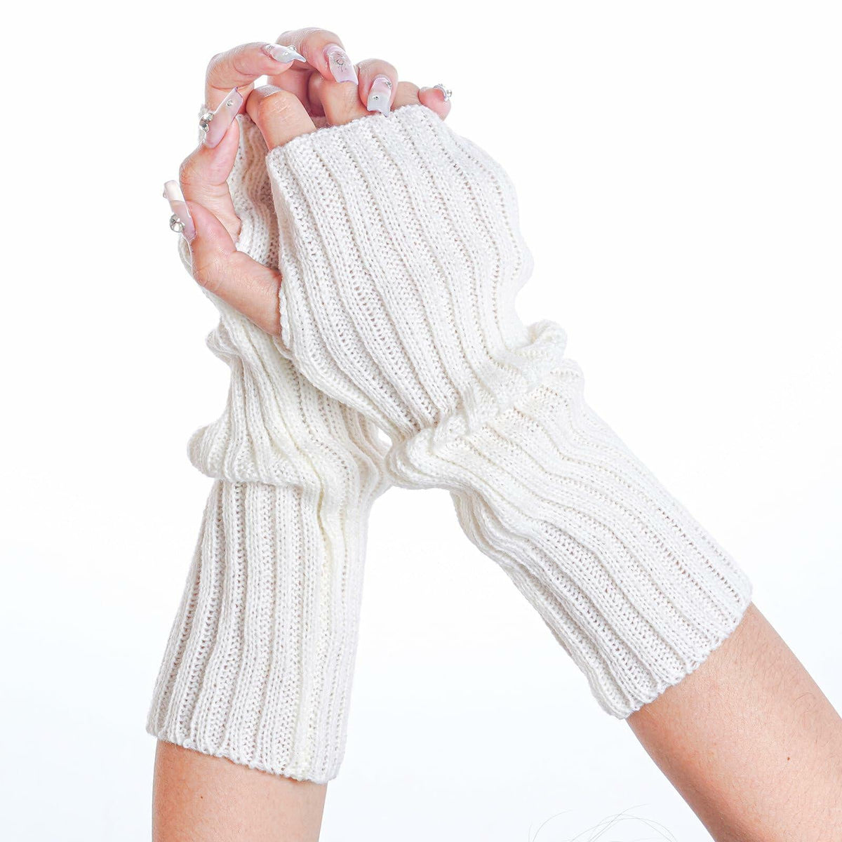 Calentadores de brazos y muñecas tejidos estilo Kawaii Hmxpls para mujer, color blanco