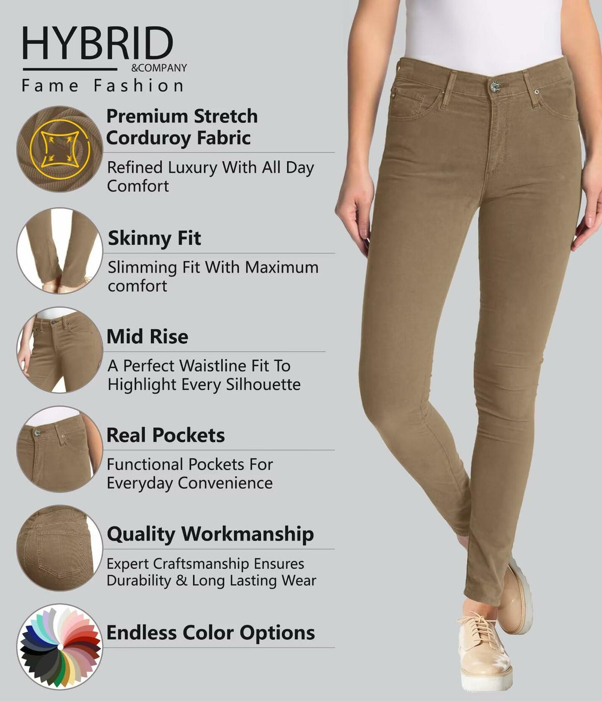 Pantalones ajustados de pana Hybrid & Company, color camel, talla 11
