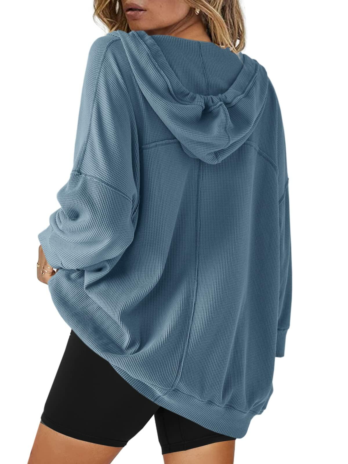Sudadera con capucha SENSERISE para mujer, estilo oversize, cuello en V, tejido de punto waffle, color azul polvoriento, talla S