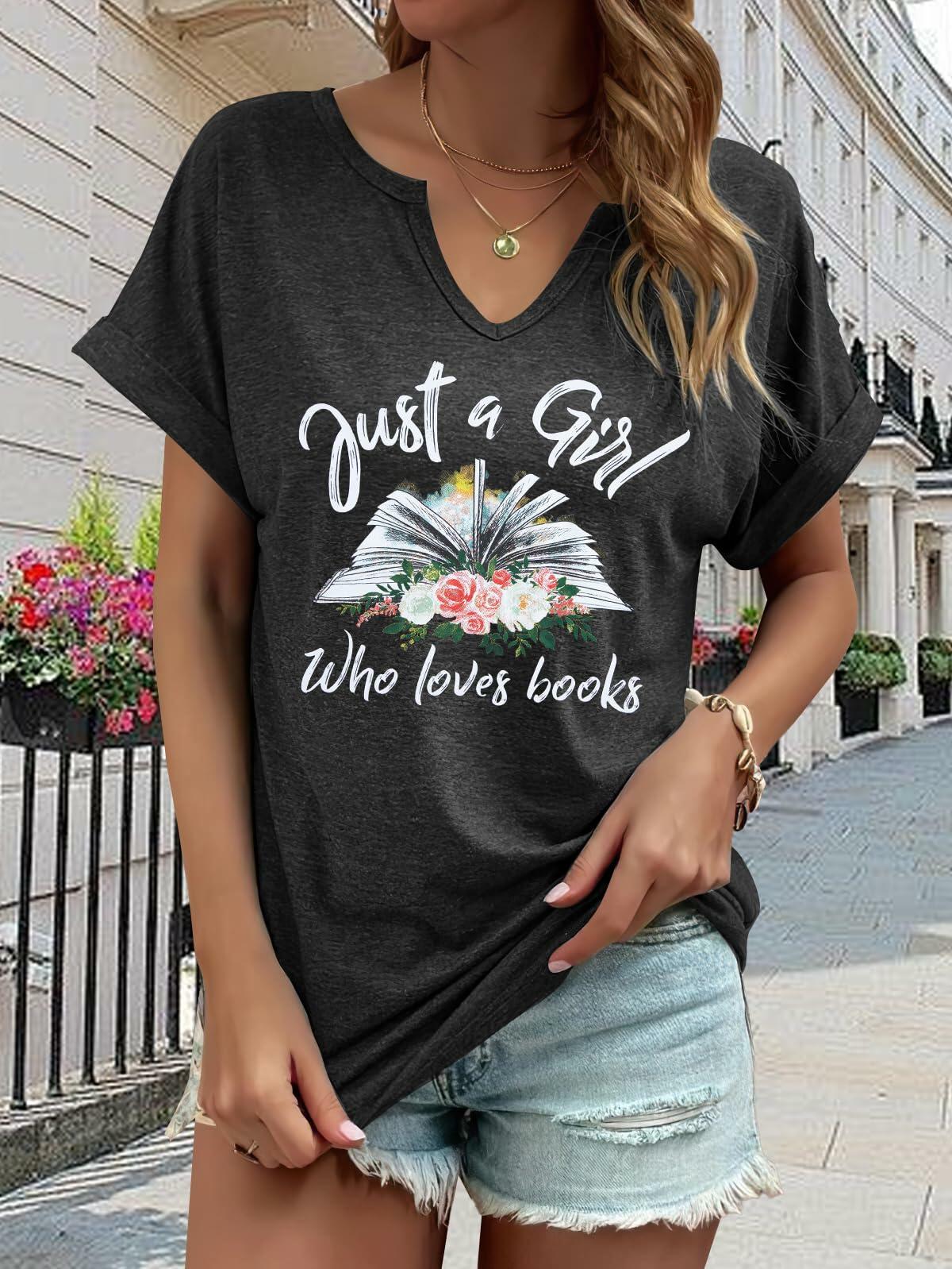 Camiseta de cuello en V y manga corta para mujer amante de los libros, gris oscuro, talla XL