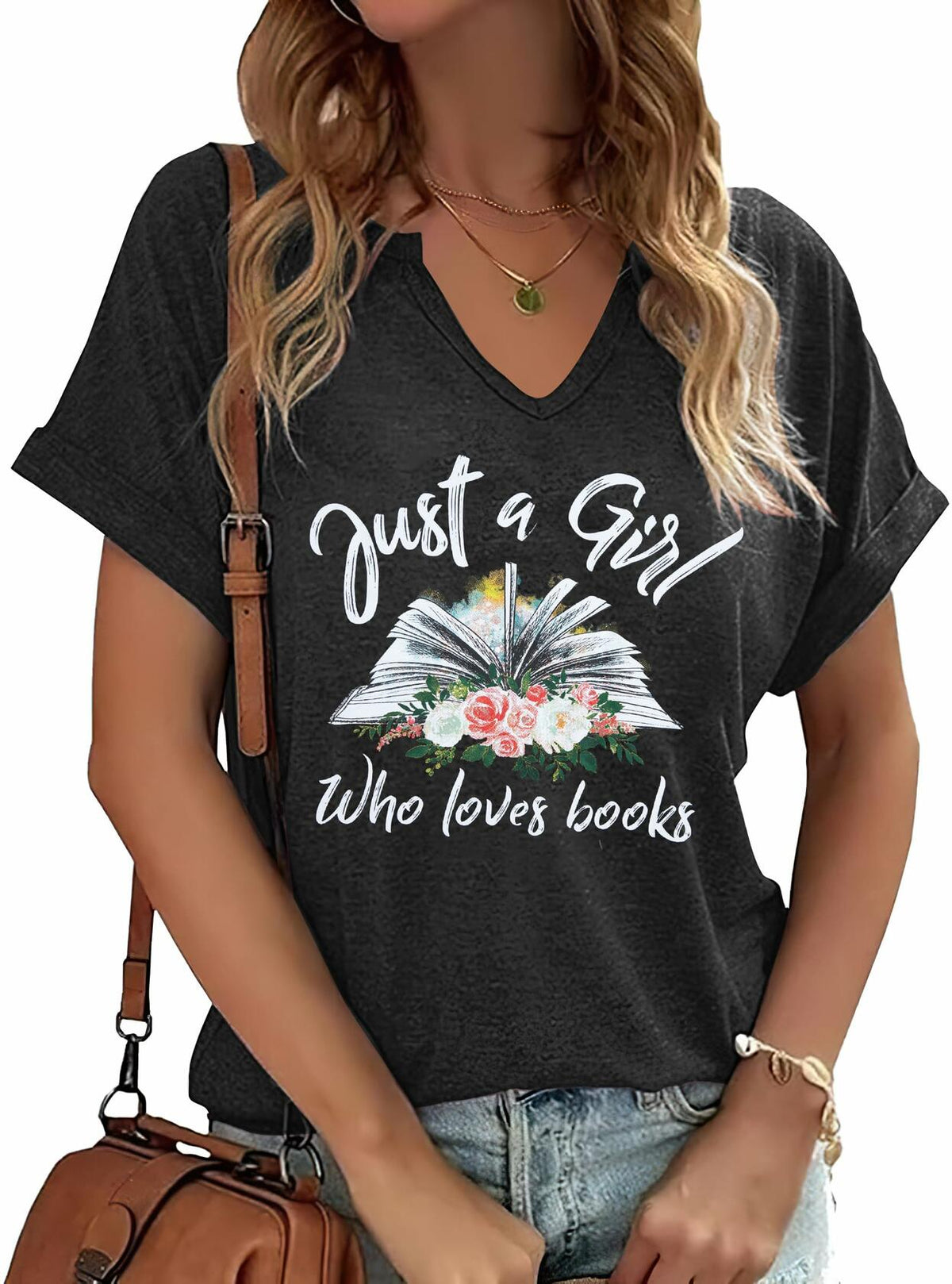 Camiseta de cuello en V y manga corta para mujer amante de los libros, gris oscuro, talla XL