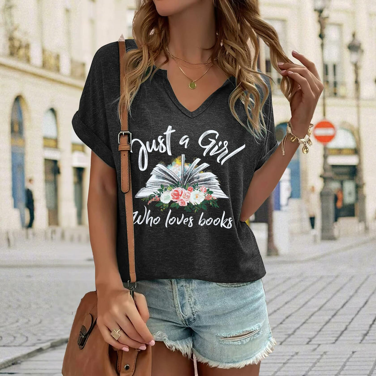 Camiseta de cuello en V y manga corta para mujer amante de los libros, gris oscuro, talla XL