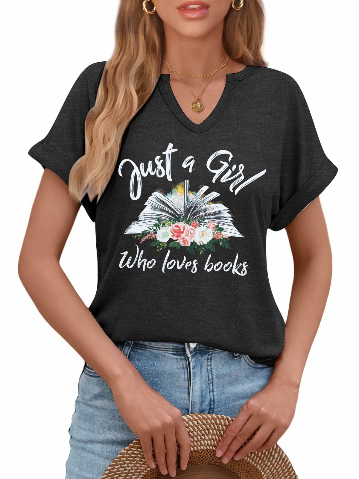 Camiseta de cuello en V y manga corta para mujer amante de los libros, gris oscuro, talla XL