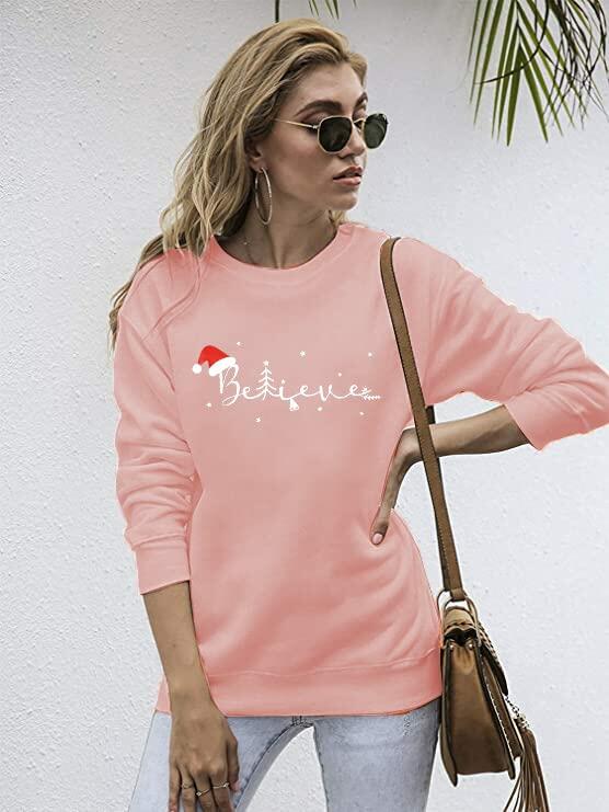 Sudadera FASHGL Believe para mujer con estampado divertido de gorro navideño, color rosa, talla 2XL