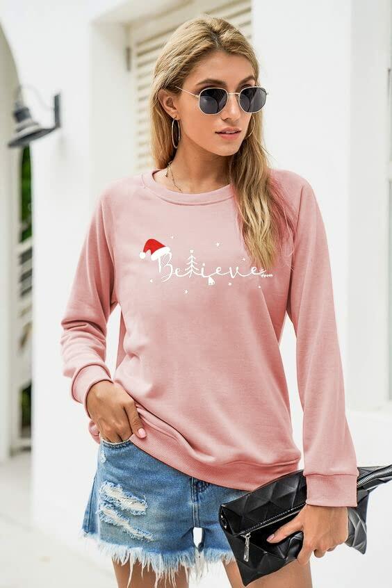 Sudadera FASHGL Believe para mujer con estampado divertido de gorro navideño, color rosa, talla 2XL