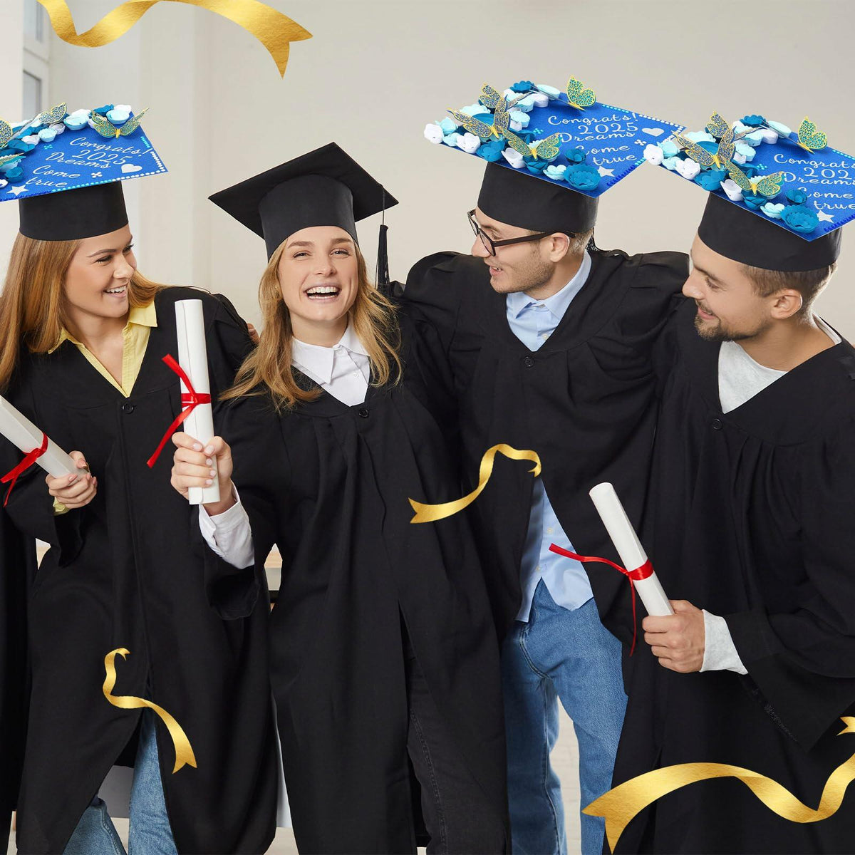 Kit de decoración para birrete de graduación Knitgrip, 98 piezas, flores artificiales azules y mariposas