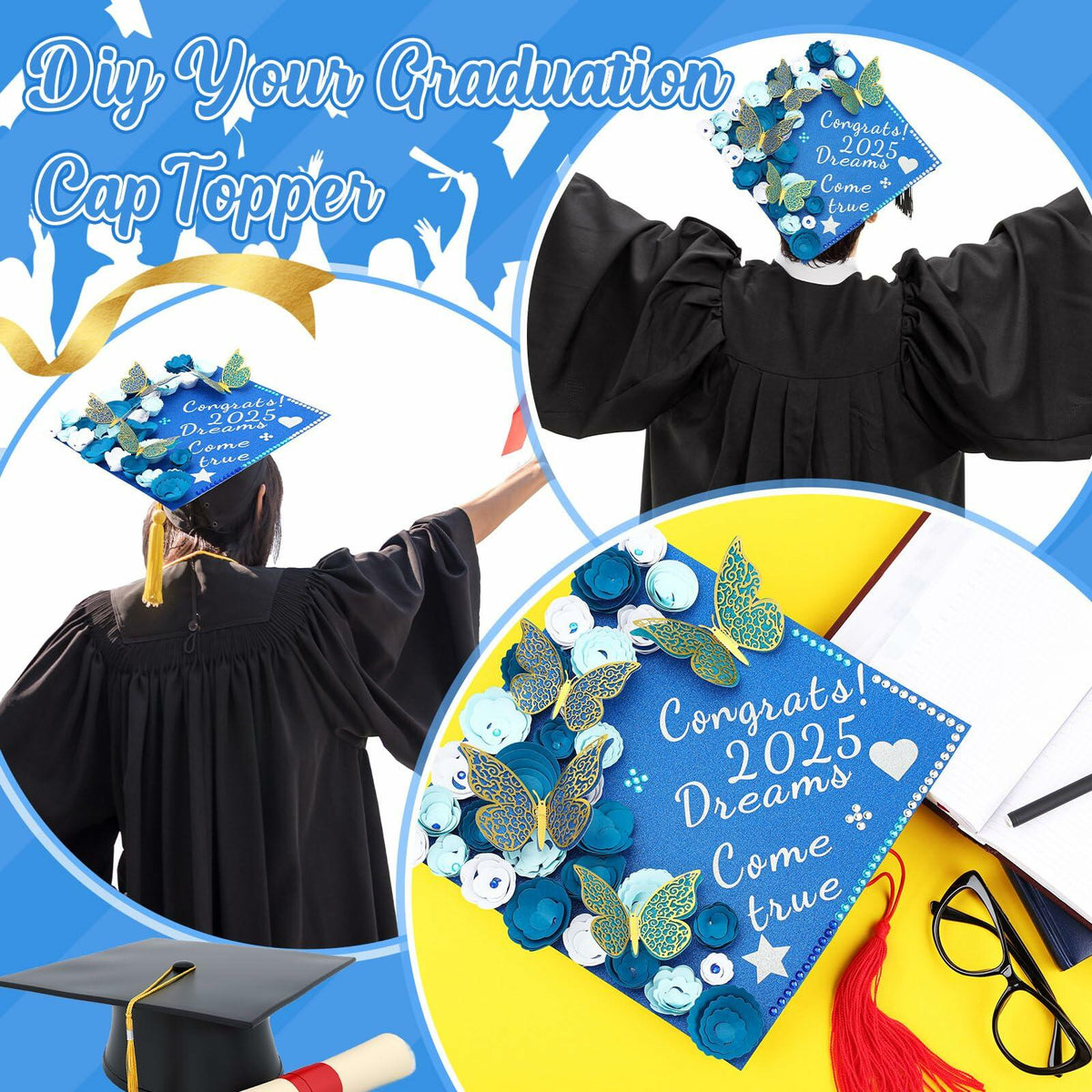 Kit de decoración para birrete de graduación Knitgrip, 98 piezas, flores artificiales azules y mariposas