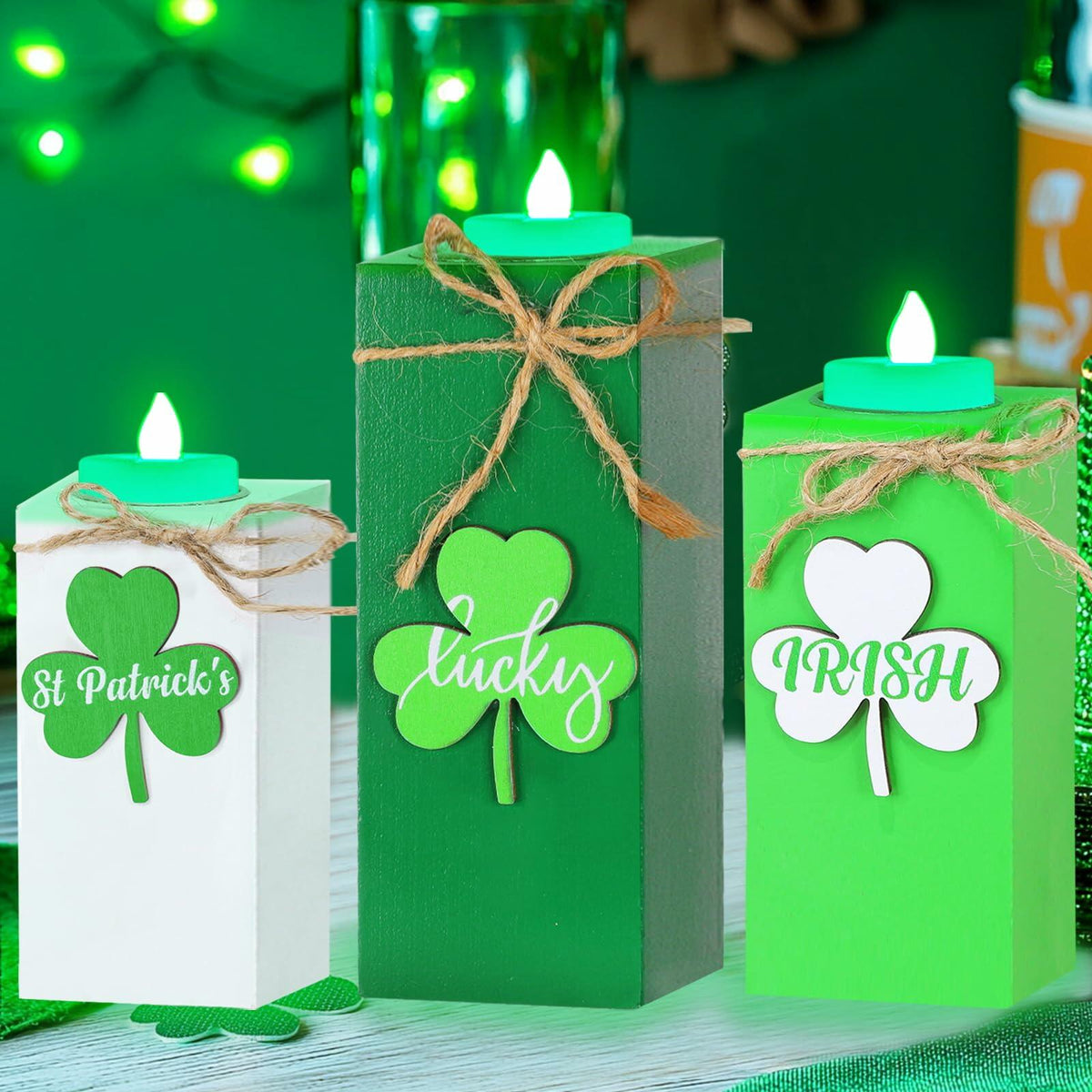 3 Pack St. Patrick's Day Flameless Tea Light Candles Shamrock Design Green