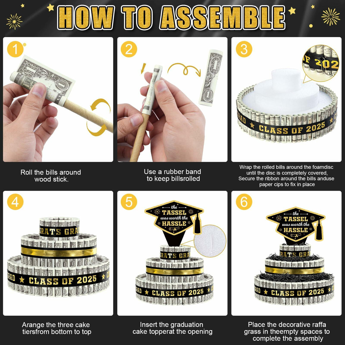 Decoración de pastel de 3 niveles en negro y dorado para fiesta de graduación, regalos de la clase de 2025