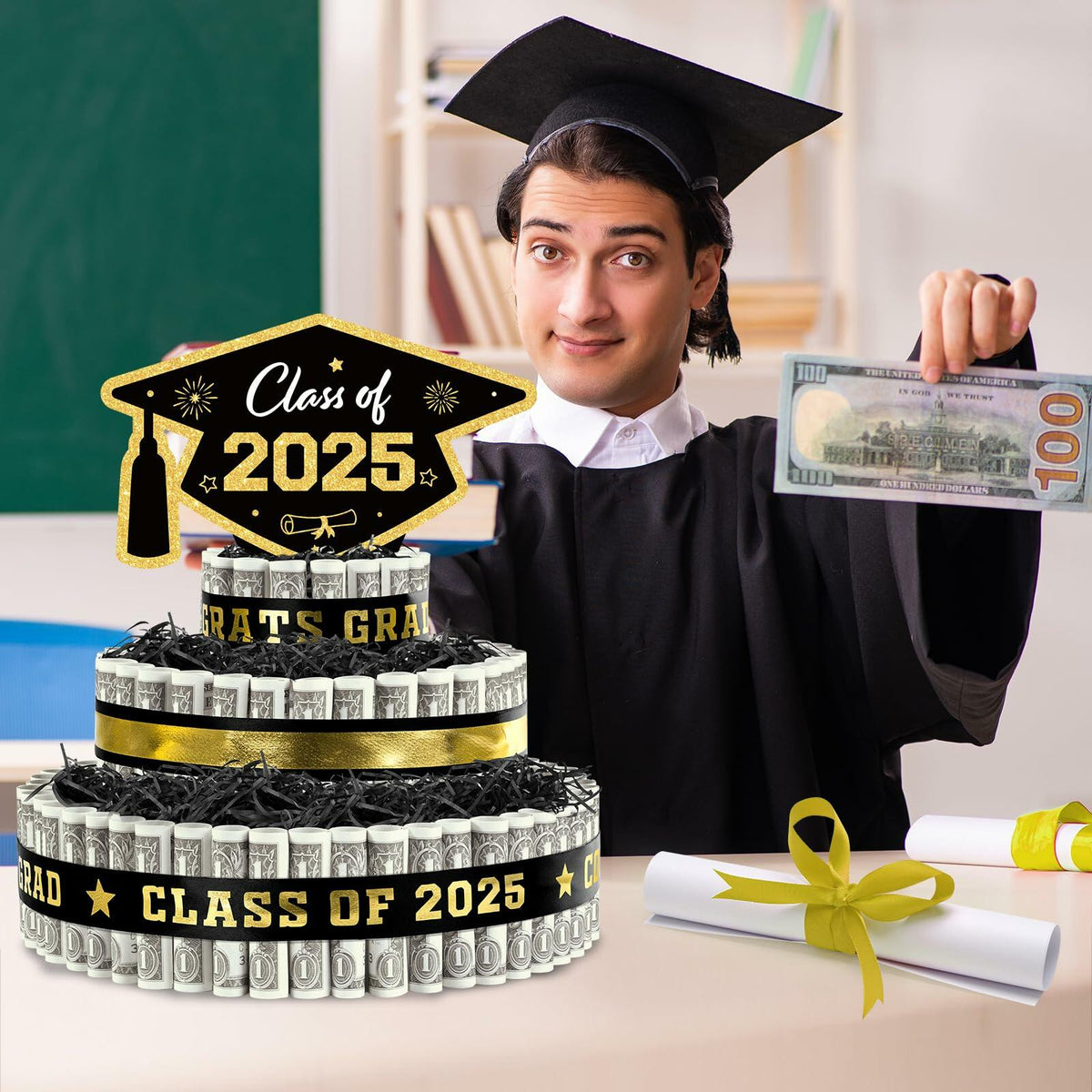 Decoración de pastel de 3 niveles en negro y dorado para fiesta de graduación, regalos de la clase de 2025