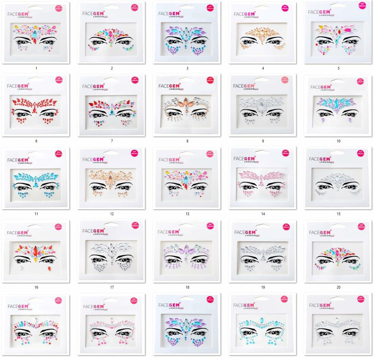 FACEGEM LONDON Pegatinas de gemas faciales y purpurina adhesiva, 21 piezas