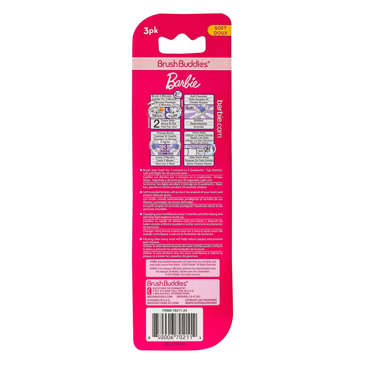 Cepillo de dientes para niños Brush Buddies Barbie, paquete de 3, cerdas suaves, multicolor