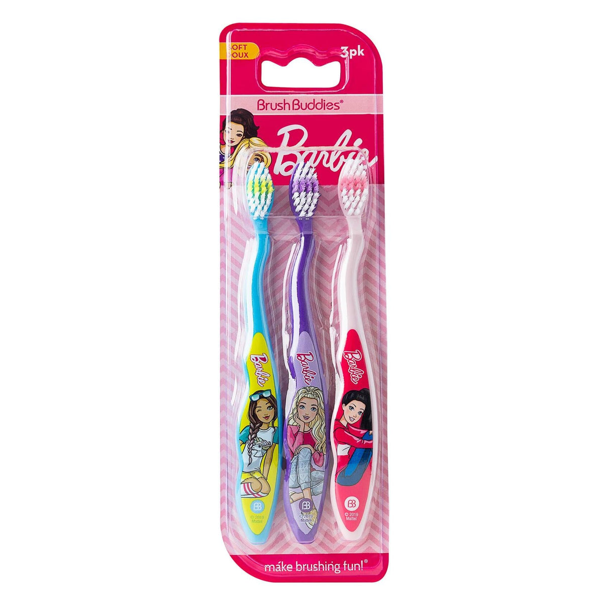 Cepillo de dientes para niños Brush Buddies Barbie, paquete de 3, cerdas suaves, multicolor