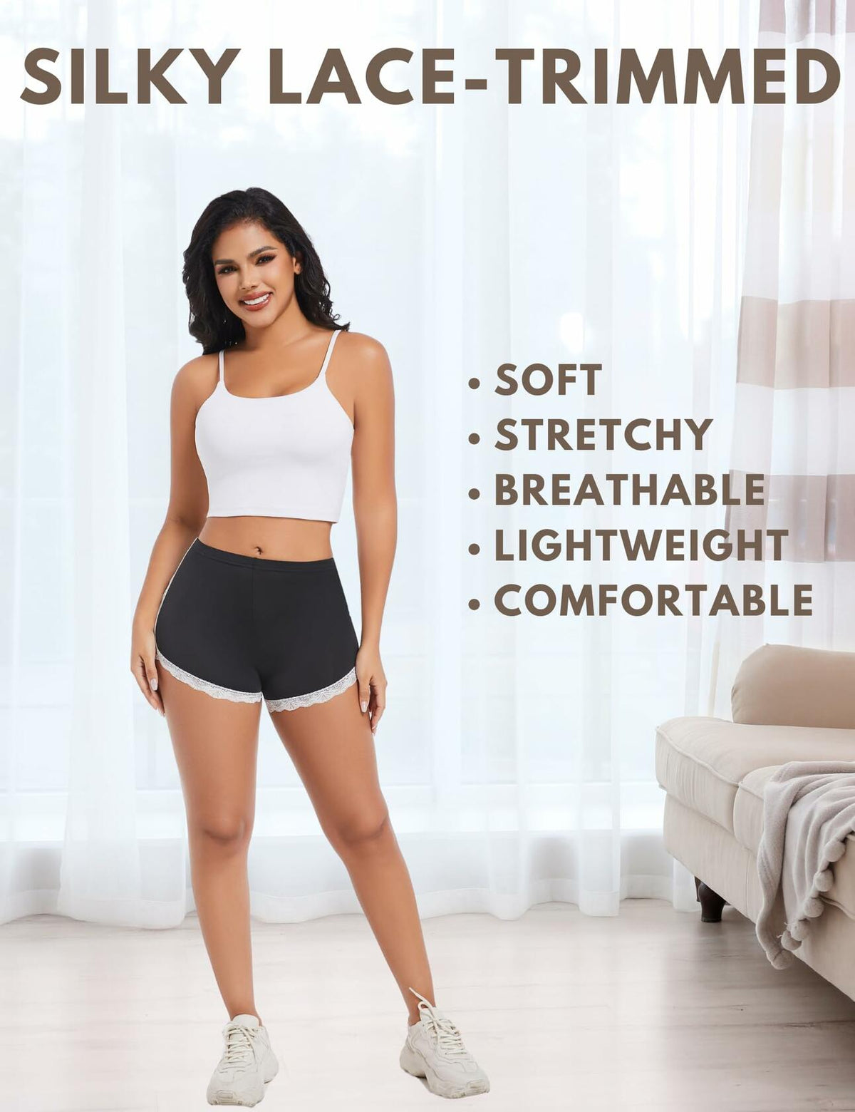 Aesphelia Sexy Lace Trim Anti-Chafing Shorts Black Size M