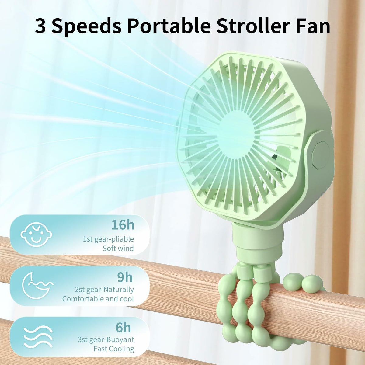 Ventilador portátil para cochecito Lerat, recargable, con clip, 3 velocidades, verde