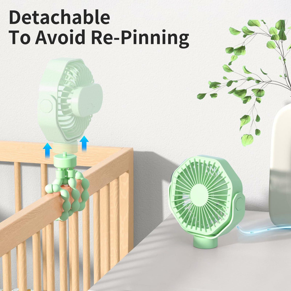 Ventilador portátil para cochecito Lerat, recargable, con clip, 3 velocidades, verde