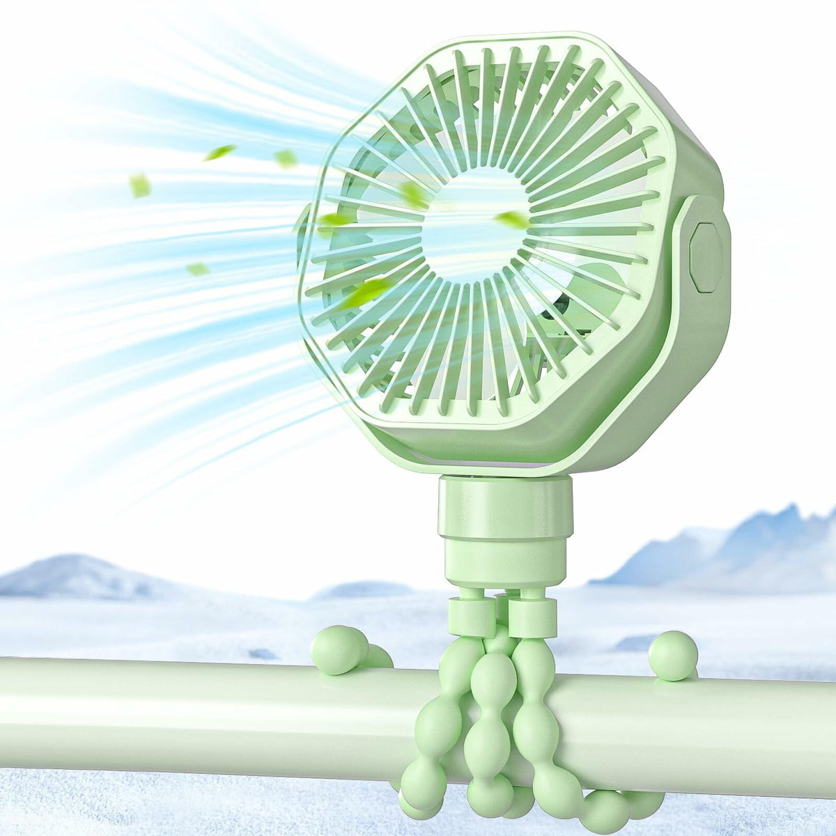 Ventilador portátil para cochecito Lerat, recargable, con clip, 3 velocidades, verde