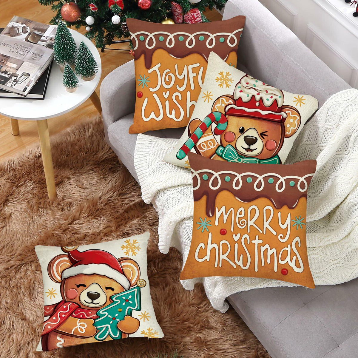 Fundas de cojín decorativas Fahrendom de Navidad con diseño de ciervo y oso, 18x18, juego de 4, color rosa
