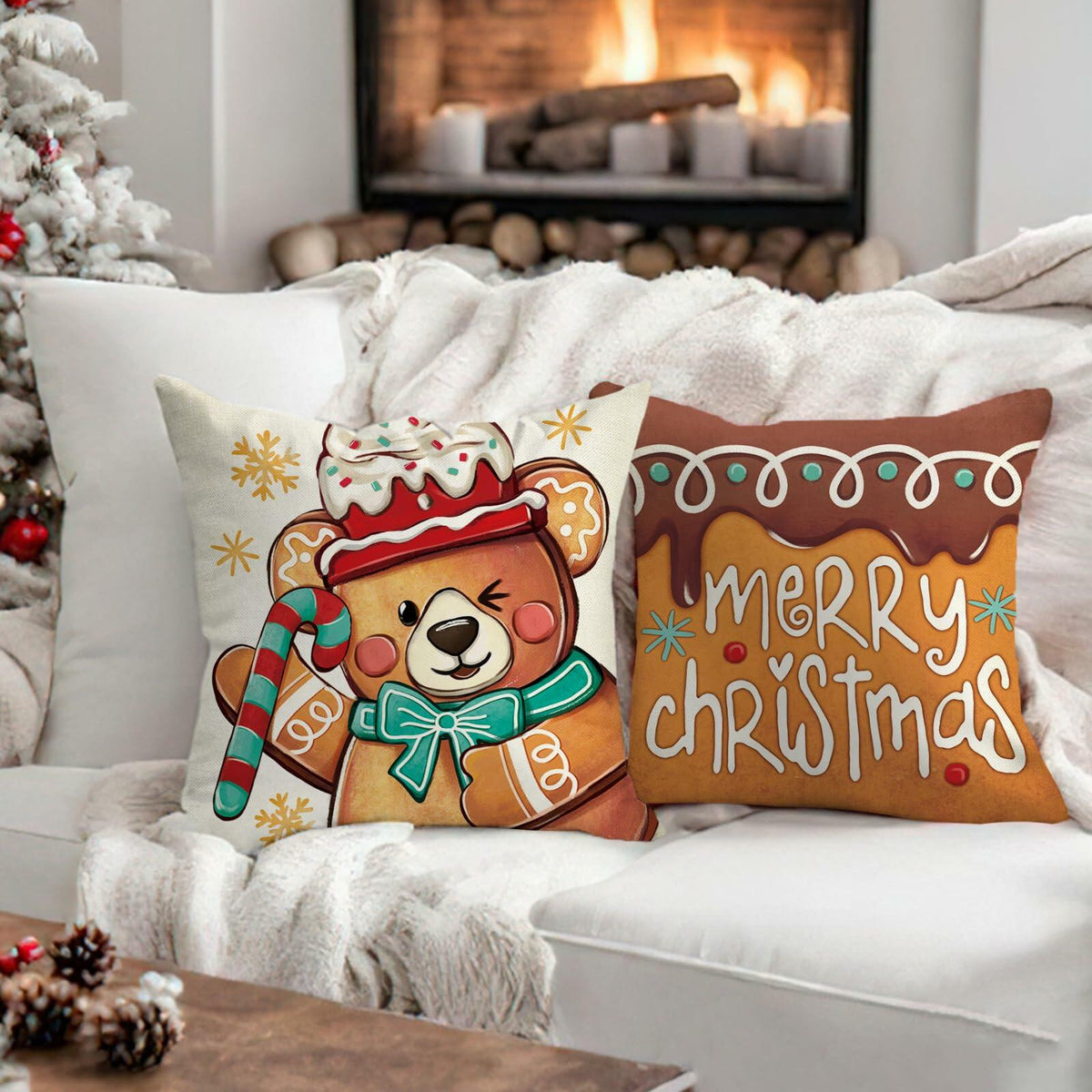 Fundas de cojín decorativas Fahrendom de Navidad con diseño de ciervo y oso, 18x18, juego de 4, color rosa