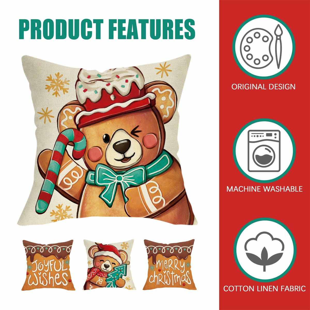 Fundas de cojín decorativas Fahrendom de Navidad con diseño de ciervo y oso, 18x18, juego de 4, color rosa