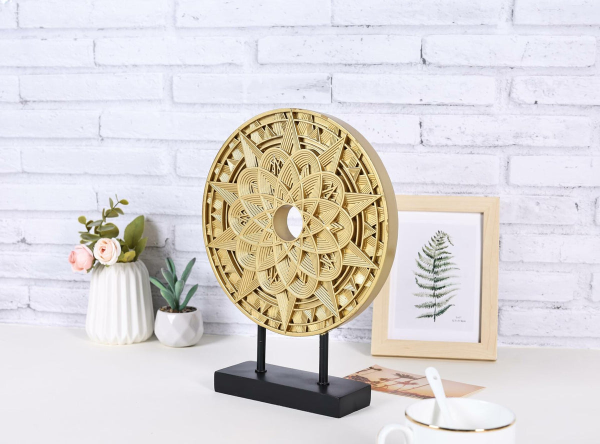 Escultura de mandala geométrica en negro y dorado, arte decorativo redondo para estantería, mesa u oficina