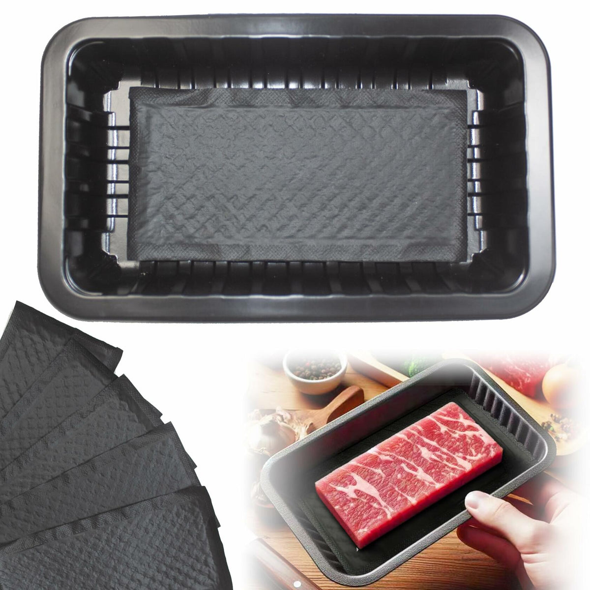 Bandejas para carne de plástico negro Ubierta con almohadillas absorbentes de 8x5x1.3 pulgadas, 10 juegos