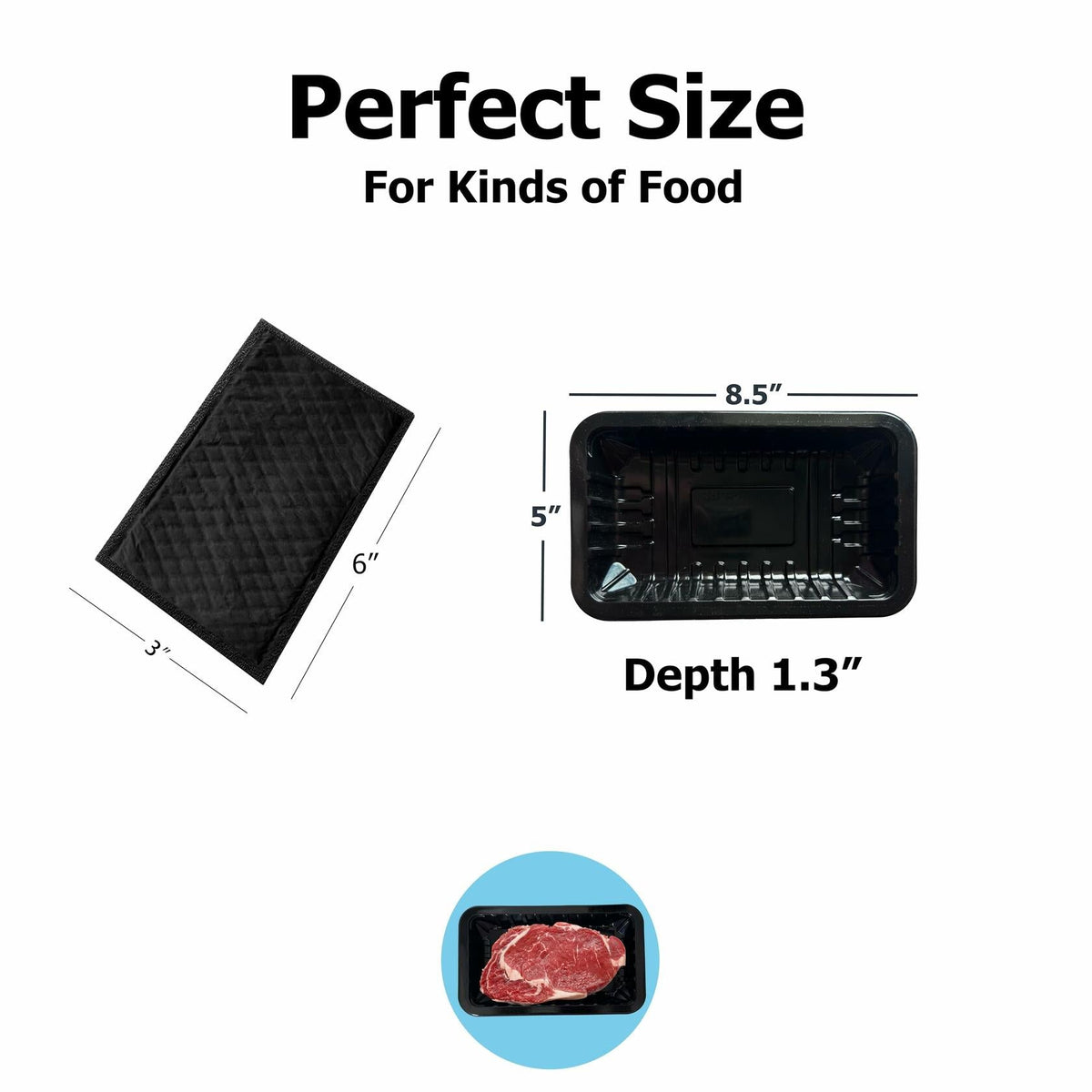 Bandejas para carne de plástico negro Ubierta con almohadillas absorbentes de 8x5x1.3 pulgadas, 10 juegos