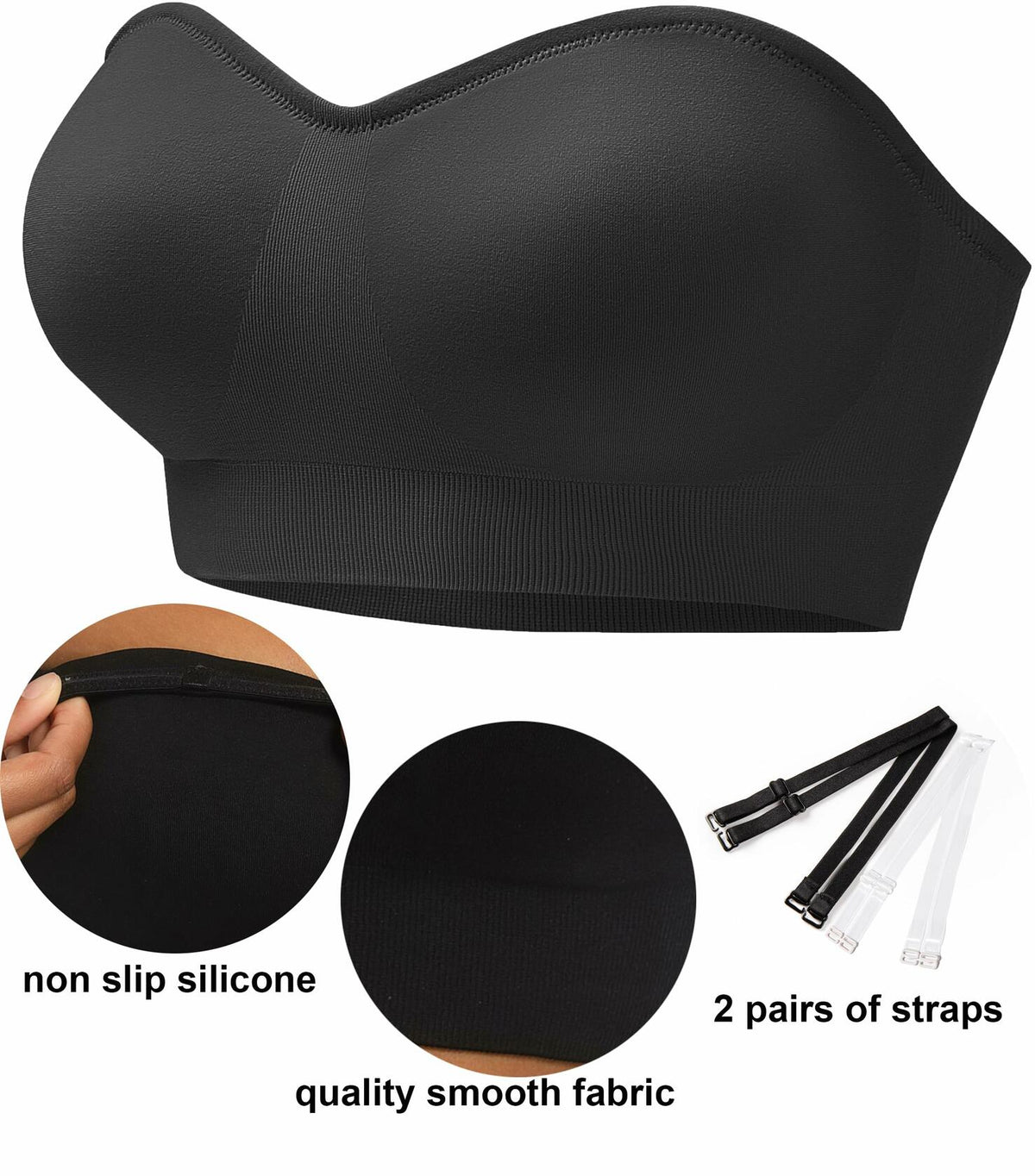 Sujetador tipo banda PRETTYWELL sin tirantes con relleno, sin aros, cómodo, color negro, talla L