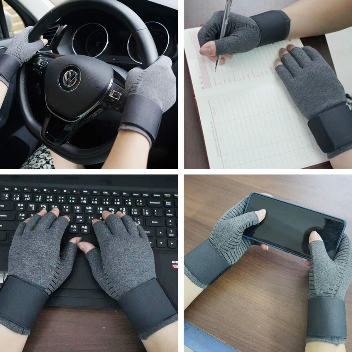Guantes de compresión para artritis Copper Fit VigorGlove, cinturón ajustable, antideslizantes, negros, 2 piezas, XL