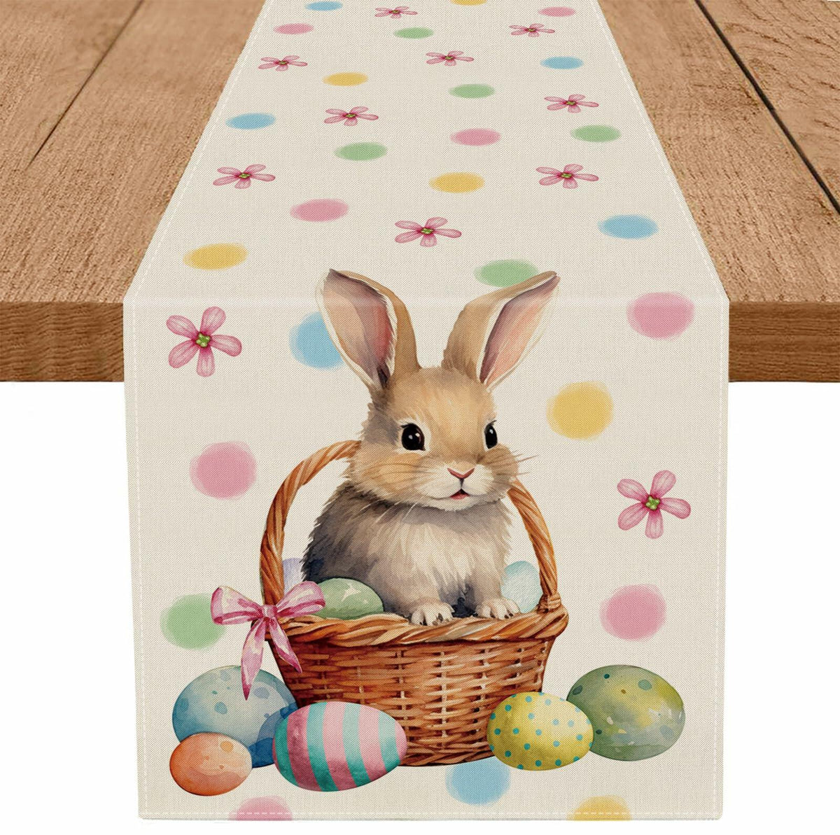 Camino de mesa de Pascua QIONG MENG con conejitos, huevos, cesta y flores, 13x72 pulgadas