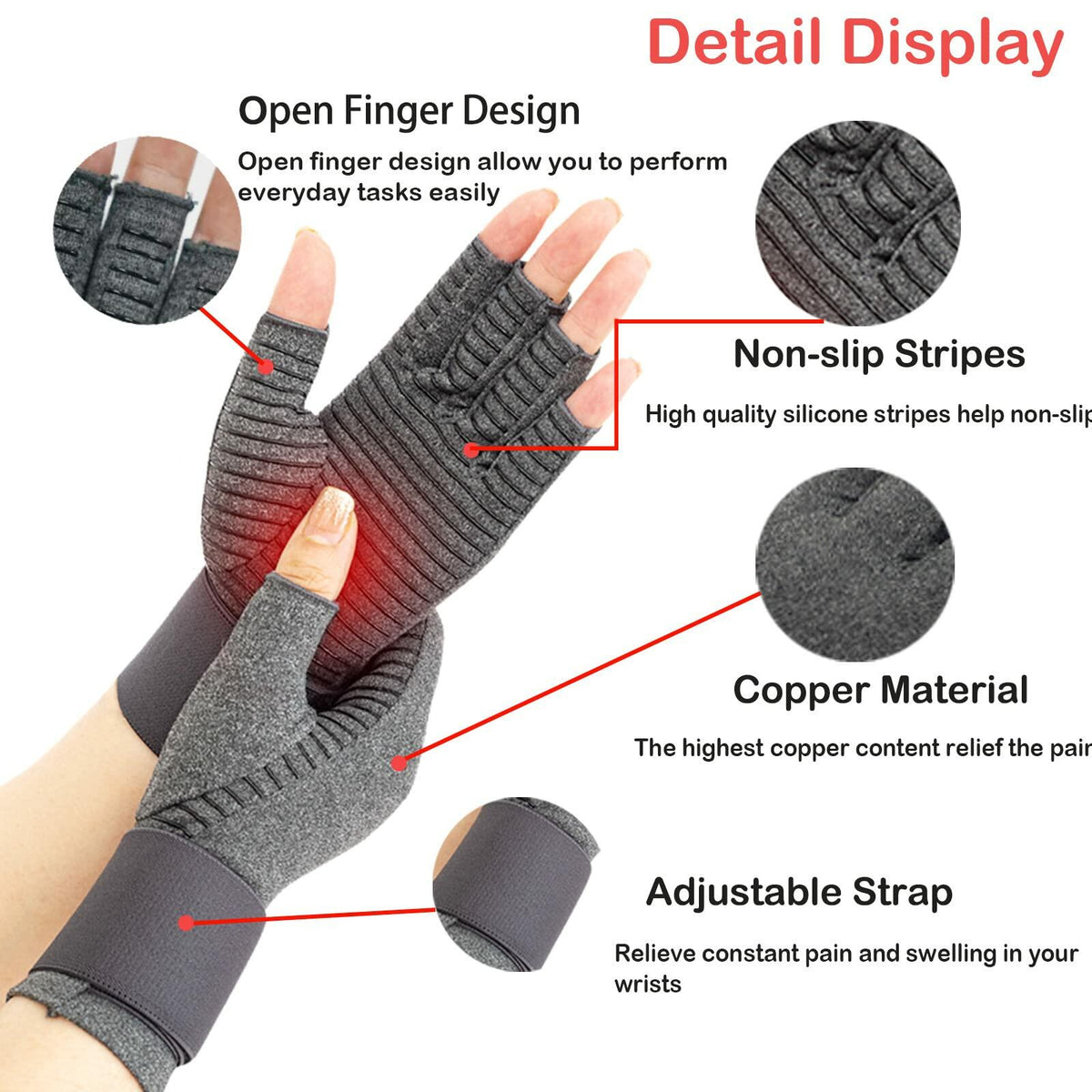 Guantes de compresión para artritis Copper Fit VigorGlove, cinturón ajustable, antideslizantes, negros, 2 piezas, XL