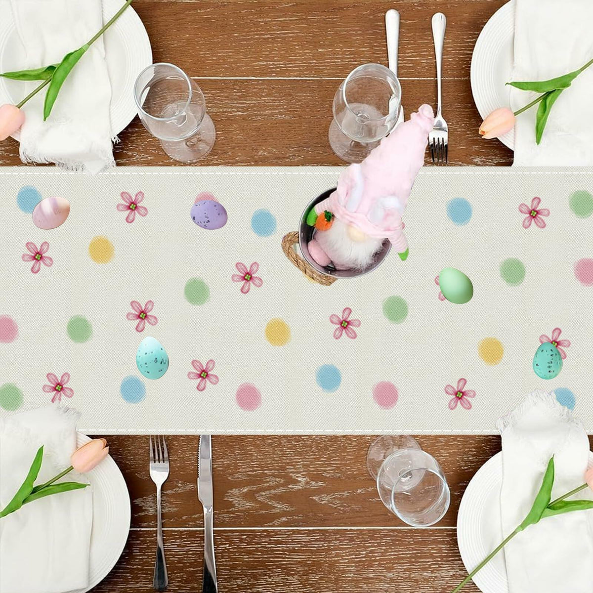 Camino de mesa de Pascua QIONG MENG con conejitos, huevos, cesta y flores, 13x72 pulgadas