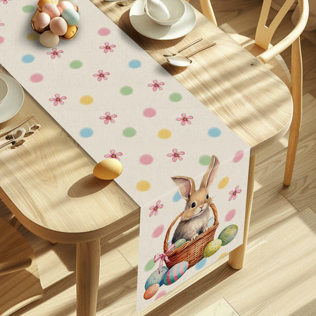 Camino de mesa de Pascua QIONG MENG con conejitos, huevos, cesta y flores, 13x72 pulgadas