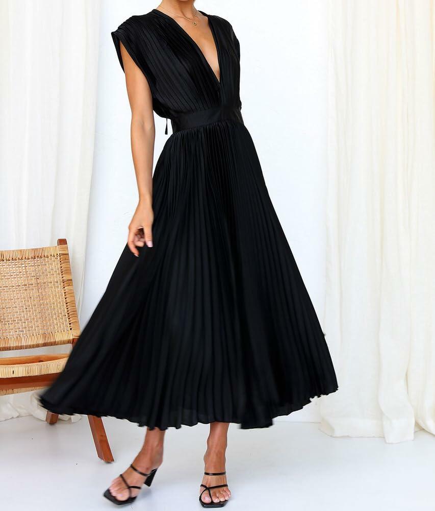 Vestido midi de satén con cuello en V y pliegues, sin mangas, negro, talla S