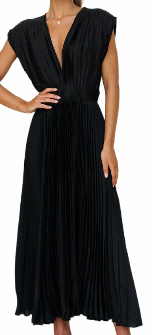 Vestido midi de satén con cuello en V y pliegues, sin mangas, negro, talla S