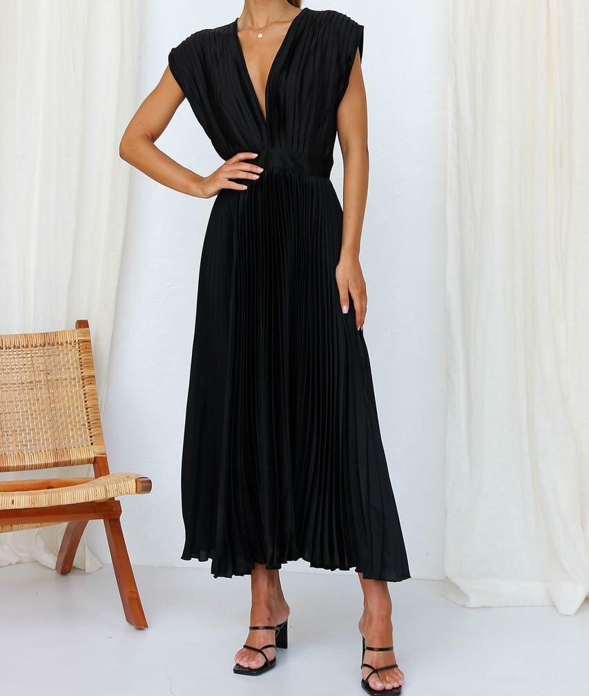 Vestido midi de satén con cuello en V y pliegues, sin mangas, negro, talla S