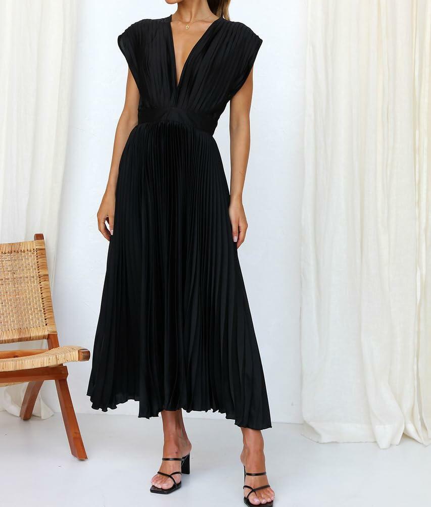 Vestido midi de satén con cuello en V y pliegues, sin mangas, negro, talla S