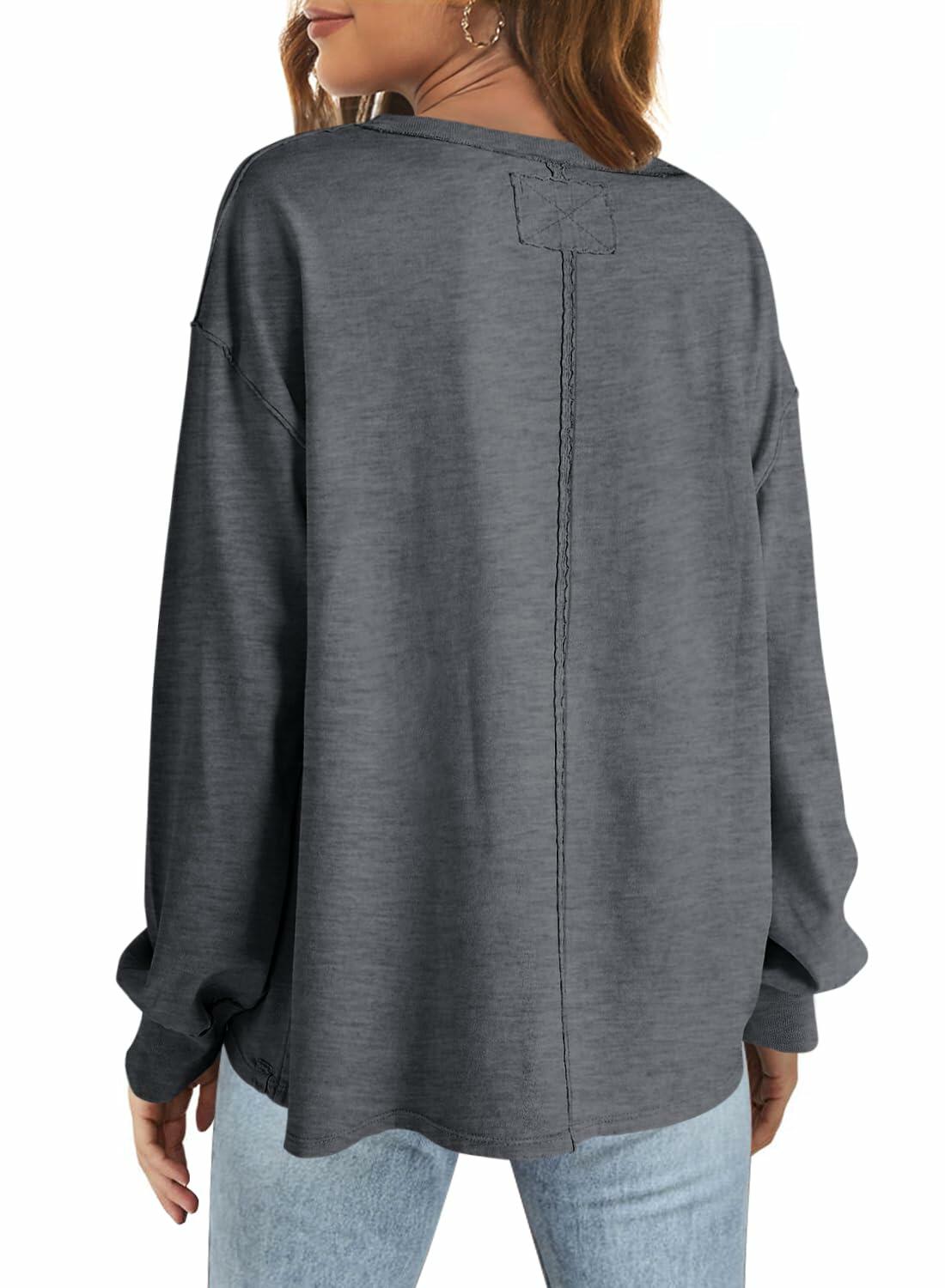 Women’s Crewneck Sweatshirt Long Sleeve Loose Fit Top w/ Pockets Dark Grey S