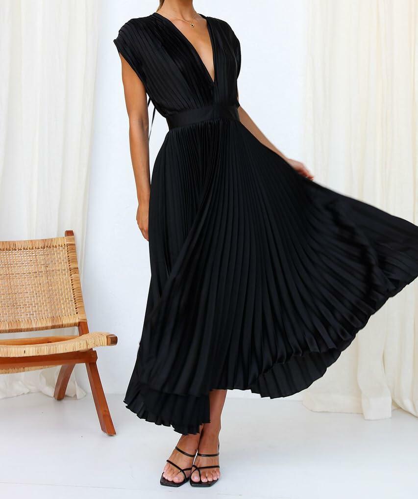 Vestido midi de satén con cuello en V y pliegues, sin mangas, negro, talla S