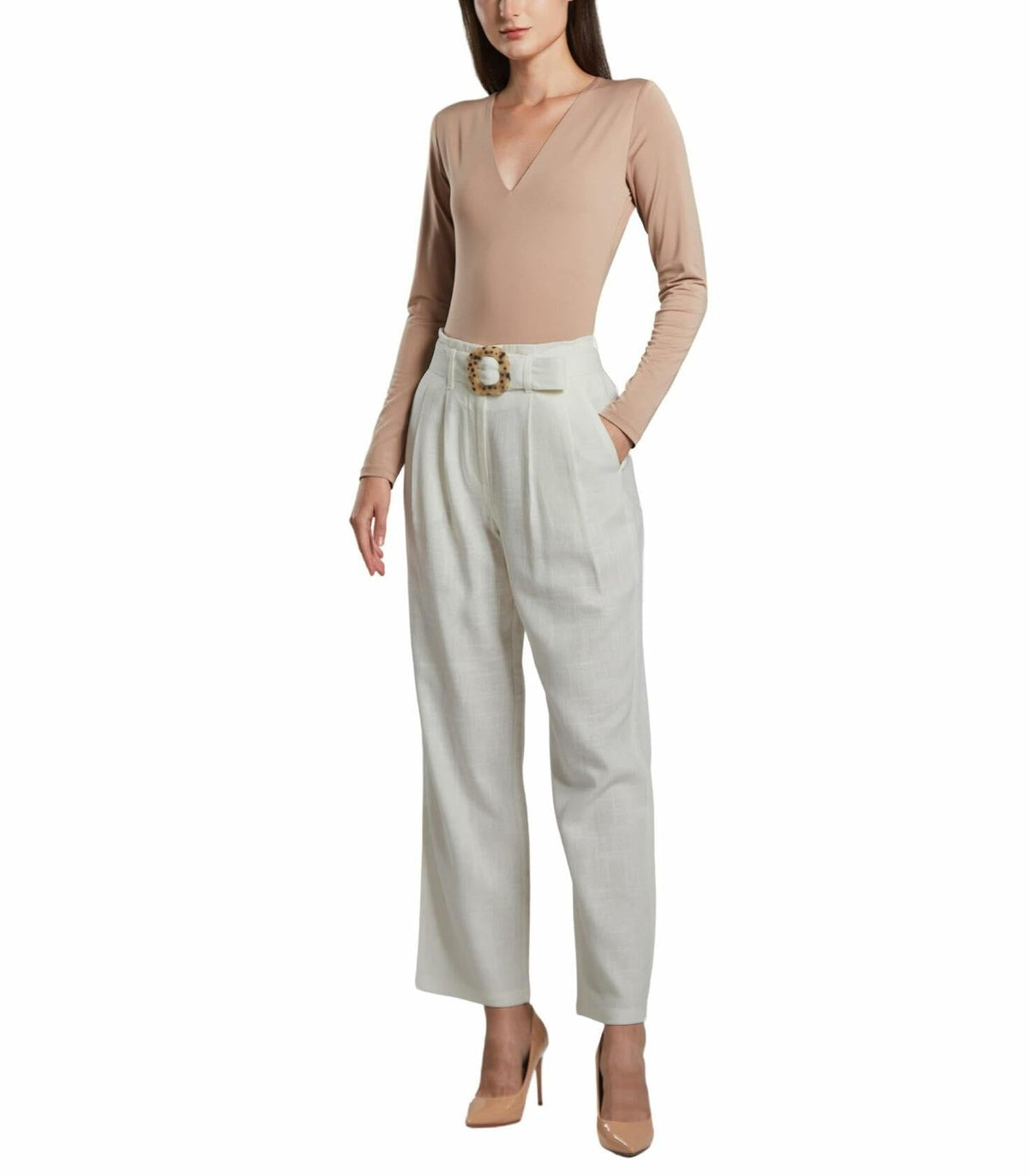 Pantalones SANDY & SID para mujer de lino, corte recto, talle alto, tipo crop, color blanco, talla L