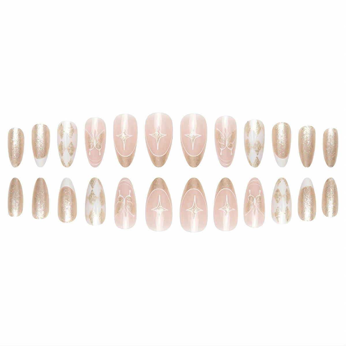 Vokupoga Press On Nails French Tip Medium Pink White Glitter 24Pcs