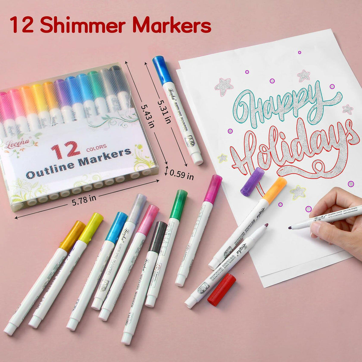 Rotuladores de contorno con purpurina metálica Leceha, 12 colores, para dibujo, niños y adolescentes