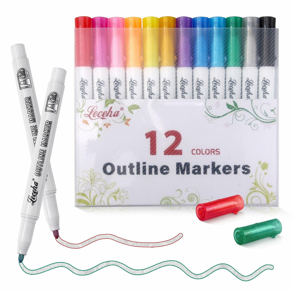 Rotuladores de contorno con purpurina metálica Leceha, 12 colores, para dibujo, niños y adolescentes