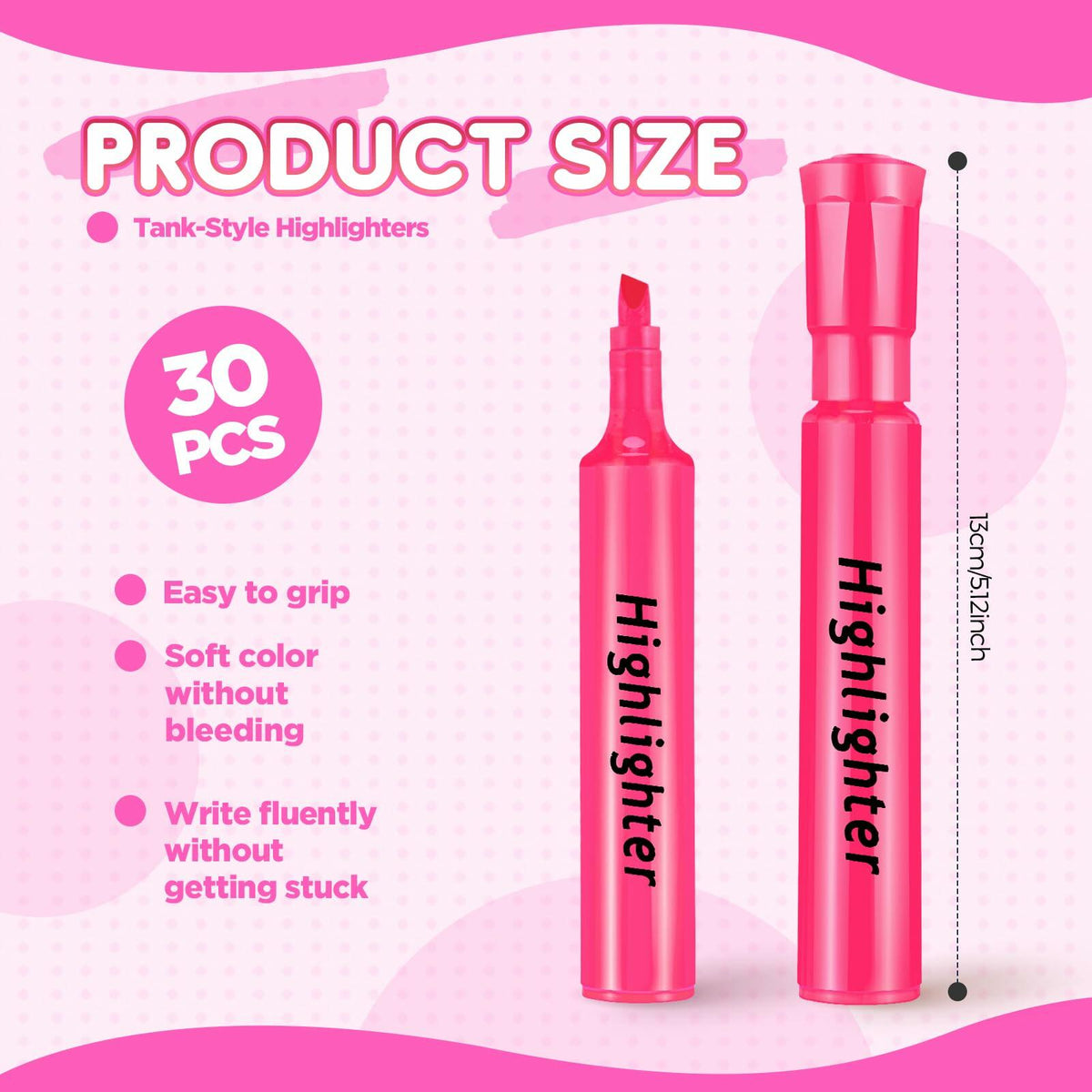 Paquete de 30 marcadores resaltadores Qilery, estilo tanque rosa, punta biselada, de secado rápido
