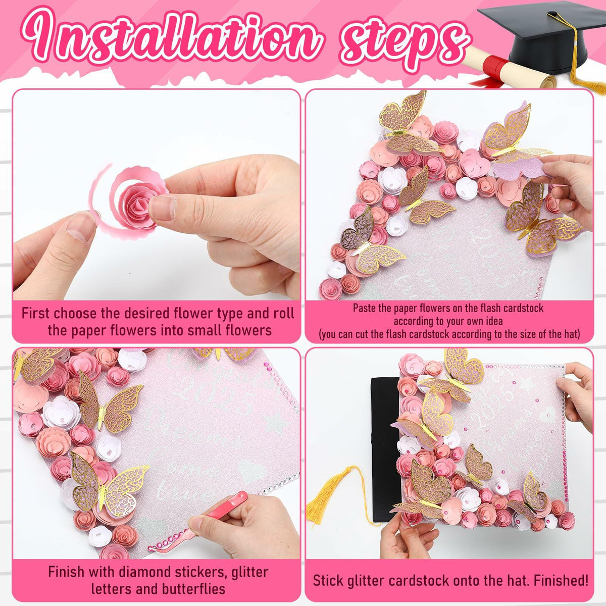 Kit de decoración para birrete de graduación Knitgrip, 98 piezas, flores artificiales rosas y mariposa
